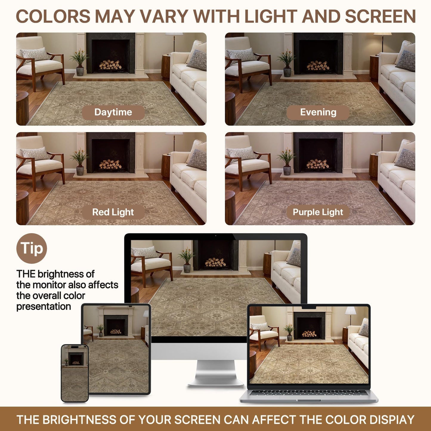 Bavni 5x7 Area Rugs for Living Room, Machine Washable Rug Non Slip, Vintage Chenille Distressed Print Carpet, Large Low Pile Ultra-Thin Lightweight Rugs for Bedroom, Dining Room, Office, Nut Brown