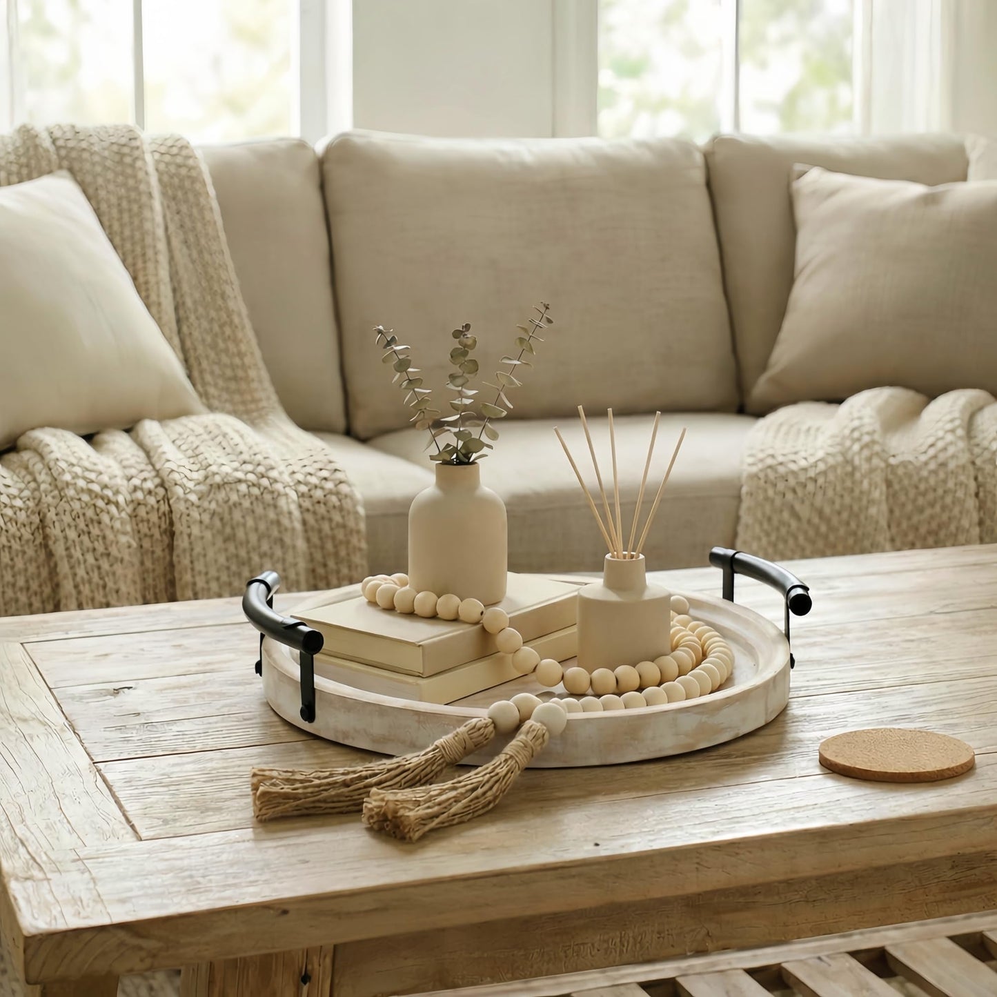 Relaxing Garden 13" Round Decorative Wood Tray with Handles