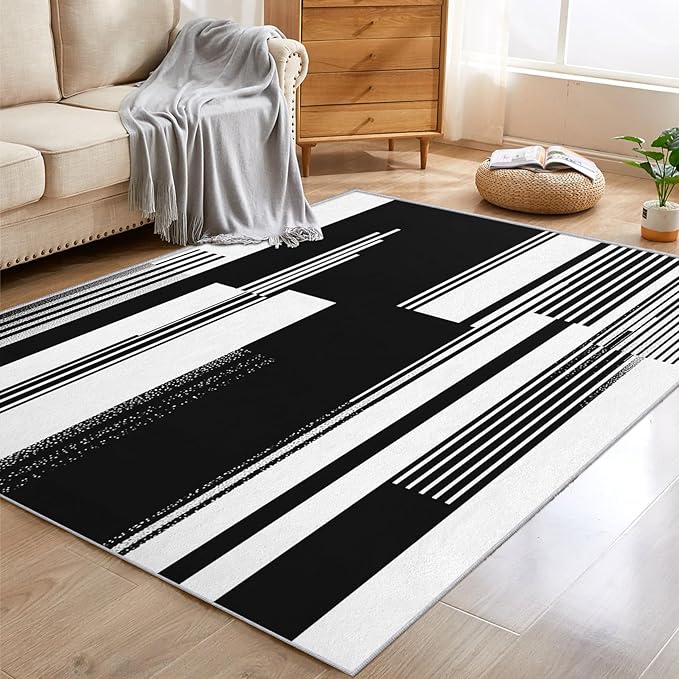 Black and White Stripe Rugs for Home Decor, 3x4 ft, Modern Stripes Area Rugs for Living Room, Soft Non Slip Washable Abstract Striped Carpet Bedroom Decorations Dt-Ghf-31