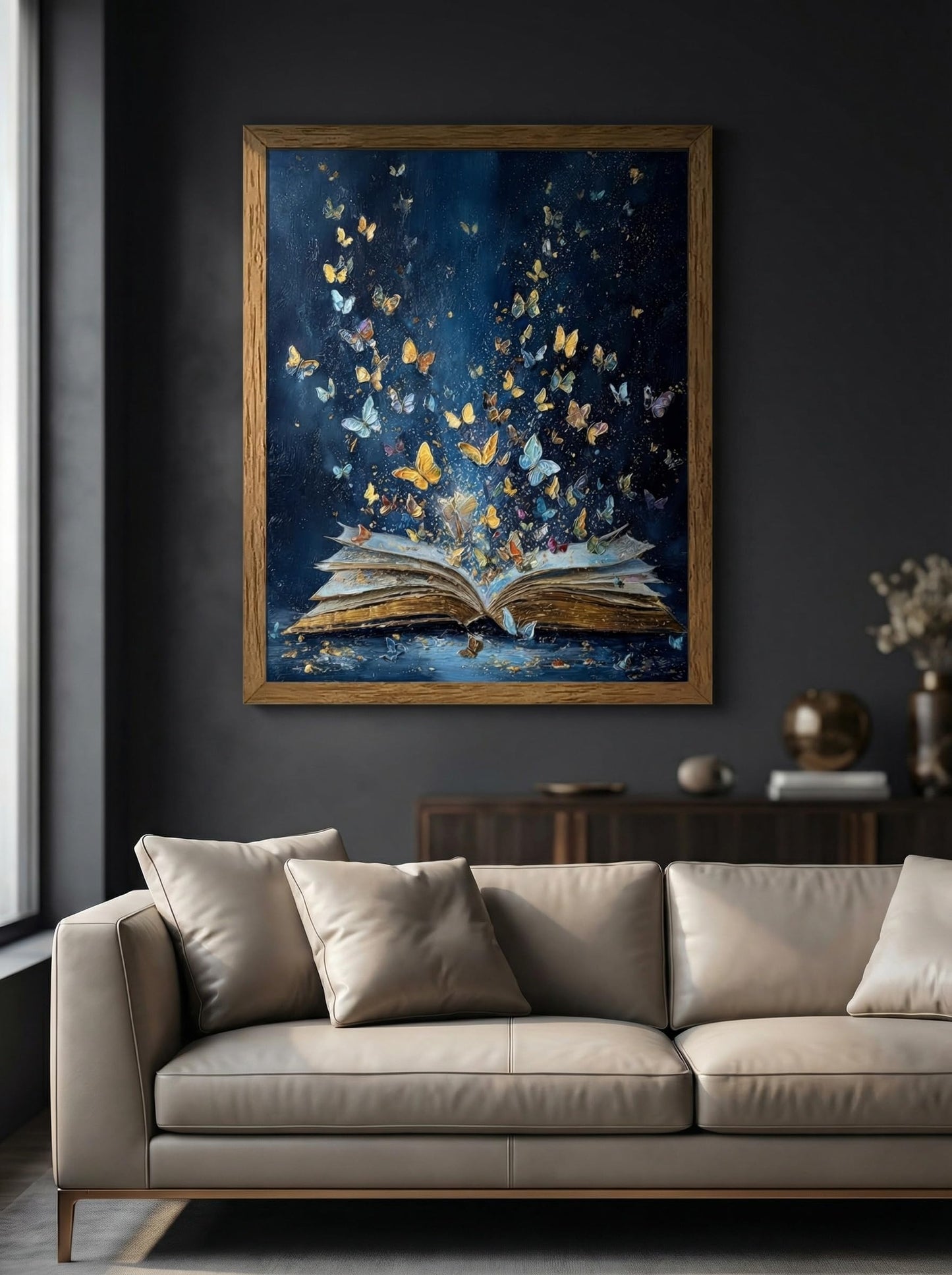 HYFBH Framed Colorful Butterfly & Magical Book Canvas Print Wall Art Fantasy Butterflie Emerging From Book Posters Modern Aesthetic Art for Bedroom Dorm Library Reading Room 12x16 Inch Ready to Hung