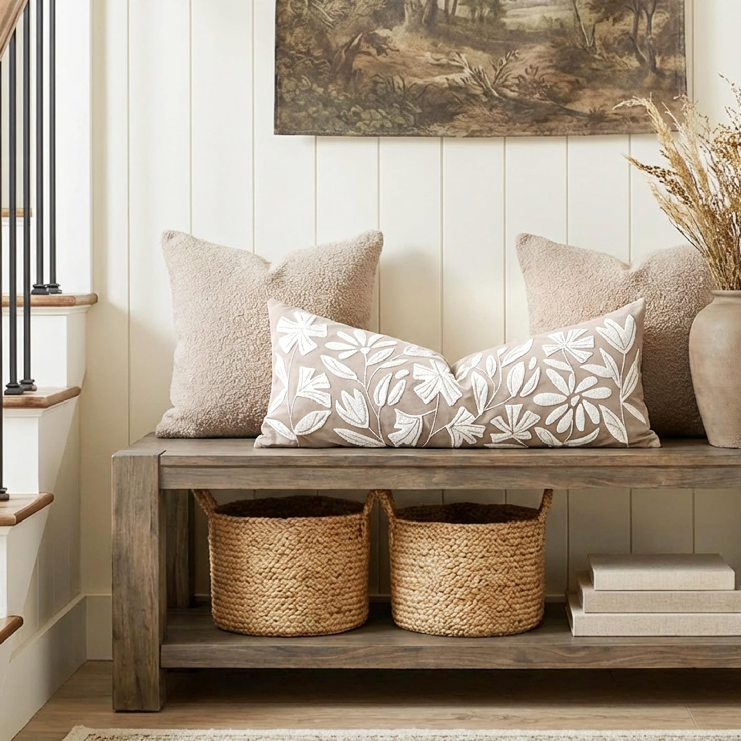 BlissBlush 14x36 Lumbar Pillow Cover for Bed, Taupe Rectangular Long Throw Pillowcase, Embroidered Velvet Floral Tufted Farmhouse Accent Cushion (Cover Only)