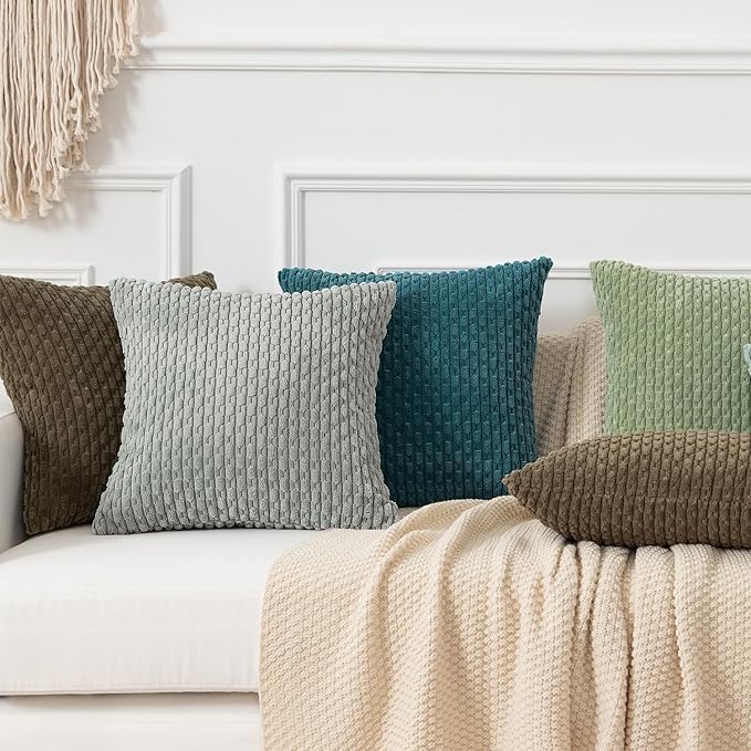 Kevin Textile Throw Pillow Covers Soft Corduroy Decorative Set of 2 Boho Striped Pillow Covers Pillowcases Farmhouse Home Decor for Couch Bed Sofa Living Room 24x24 Inch Greyish Green