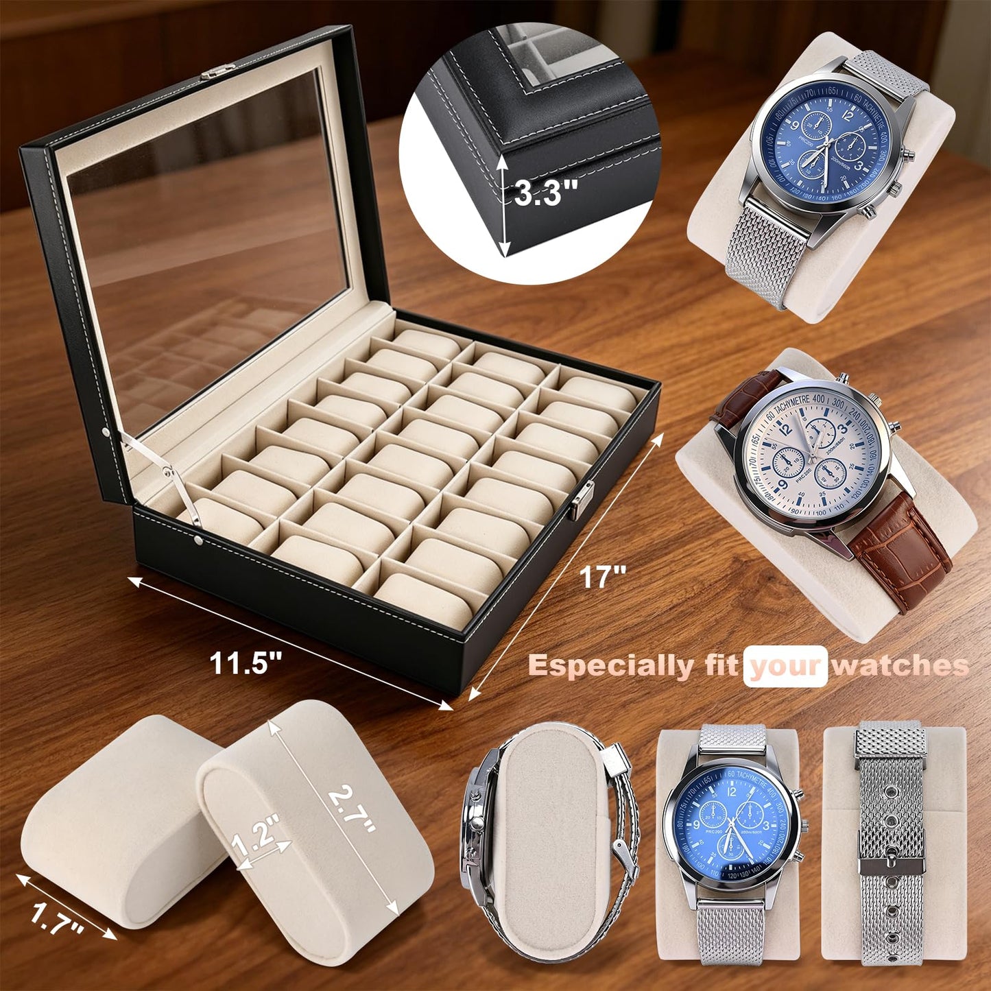 Artilife 24 Slot Watch Box for Men, Watch Cases for Men, Watch Display Case, Glass Top PU Leather Watch Storage Organizer with Removable Pillows for Him