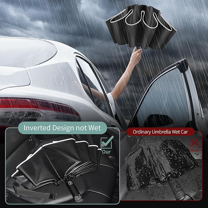 Seniny Inverted Travel Umbrella, Automatic Umbrellas for Rain, Windproof Compact Umbrella with Reflective Stripe, Folding UV Umbrella Sun Umbrella, Portable Large Umbrella for Backpack, Lightweight