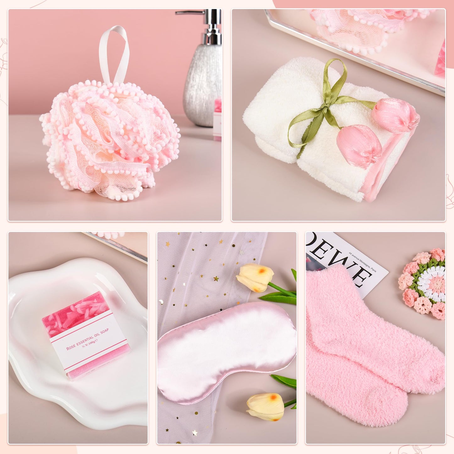 Kovtesiu Birthday Gifts for Women, Knitted Tassel Throw Blanket Pink Gift Basket with Handmade Crocheted Potted Plants and Flower Coasters, Inspirational for Mom Her Wife Friend Grandma