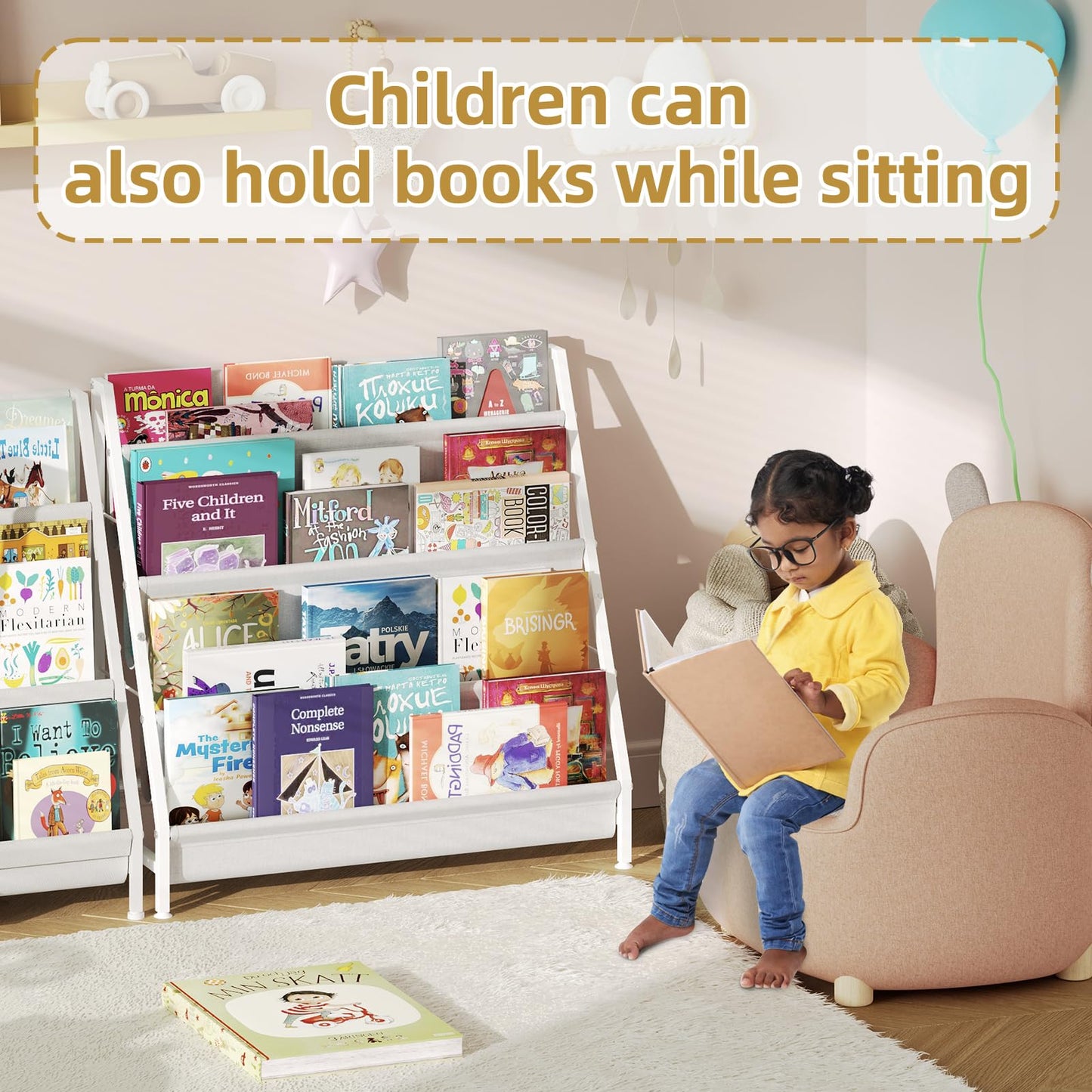 Aokitsink 4-Tier Kids Bookshelf, Book Shelf for Kids Rooms,Book Rack for Kid with Four Deep Pockets,Nursery Bookshelves for Kid' Playroom, Toddler Bookshelf as a Children's Gift