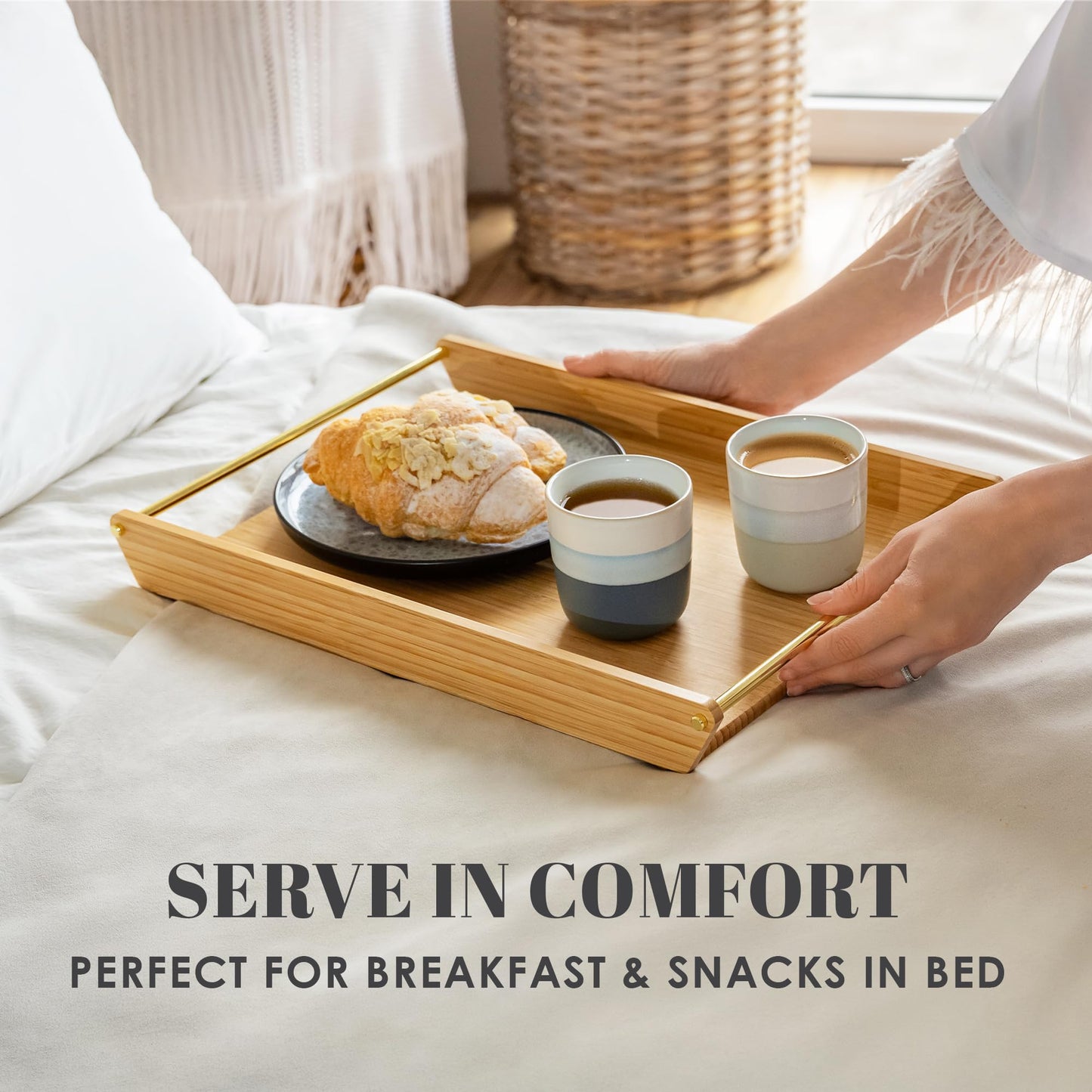 Bamboo Serving Tray with Gold Stainless Steel Handles, 16.5" x 11.2" Premium Decorative Ottoman Tray, Coffee Table Tray, Bed Tray for Breakfast in Bed, Living Room Decor