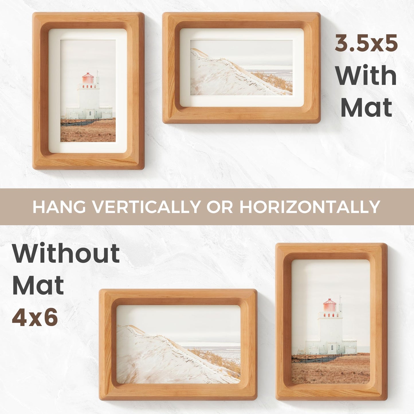 4x6 Picture Frame, USA-Sourced Cherry Wood Frame Matted to 3.5x5 Photos