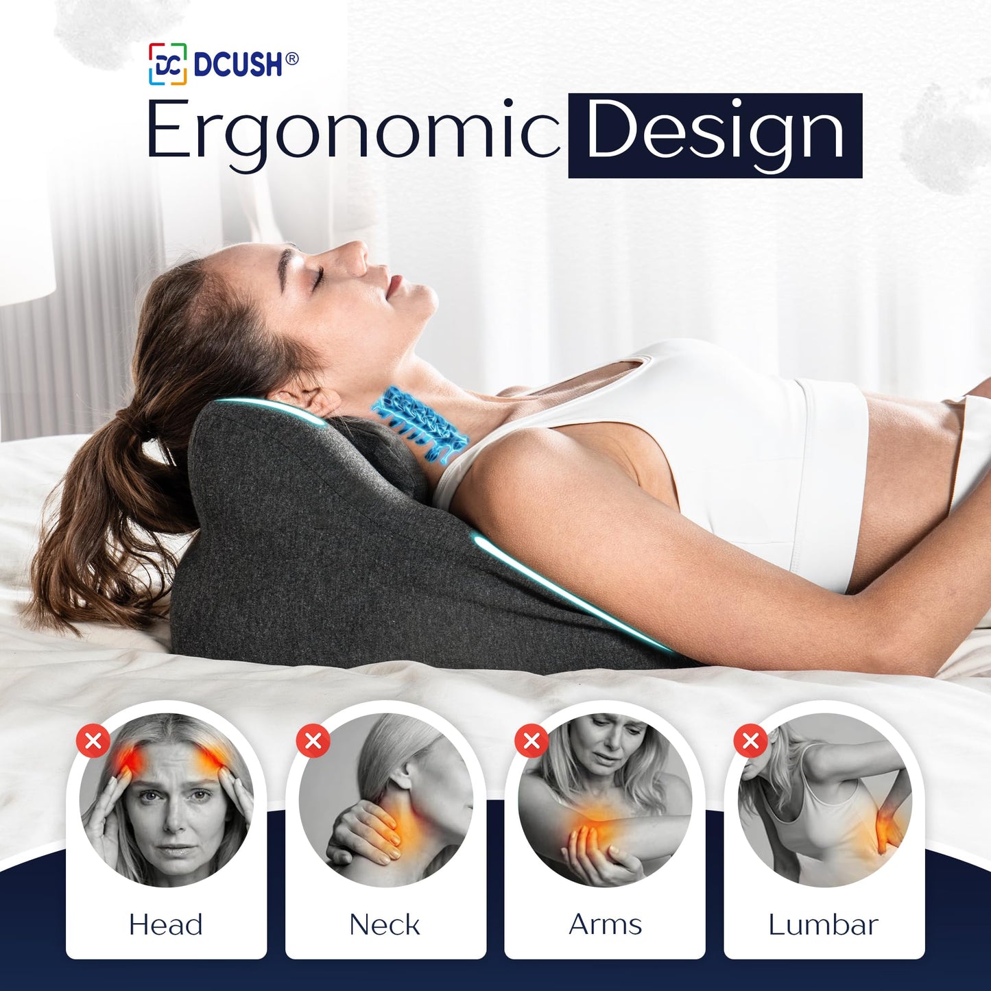 DCUSH Ergonomic Contoured Memory Foam Pillow with Removable Headrest, 27° Angled Support for Neck and Waist, Massages, Reading, Relaxing & Leg Elevation, Removable Washable Cover