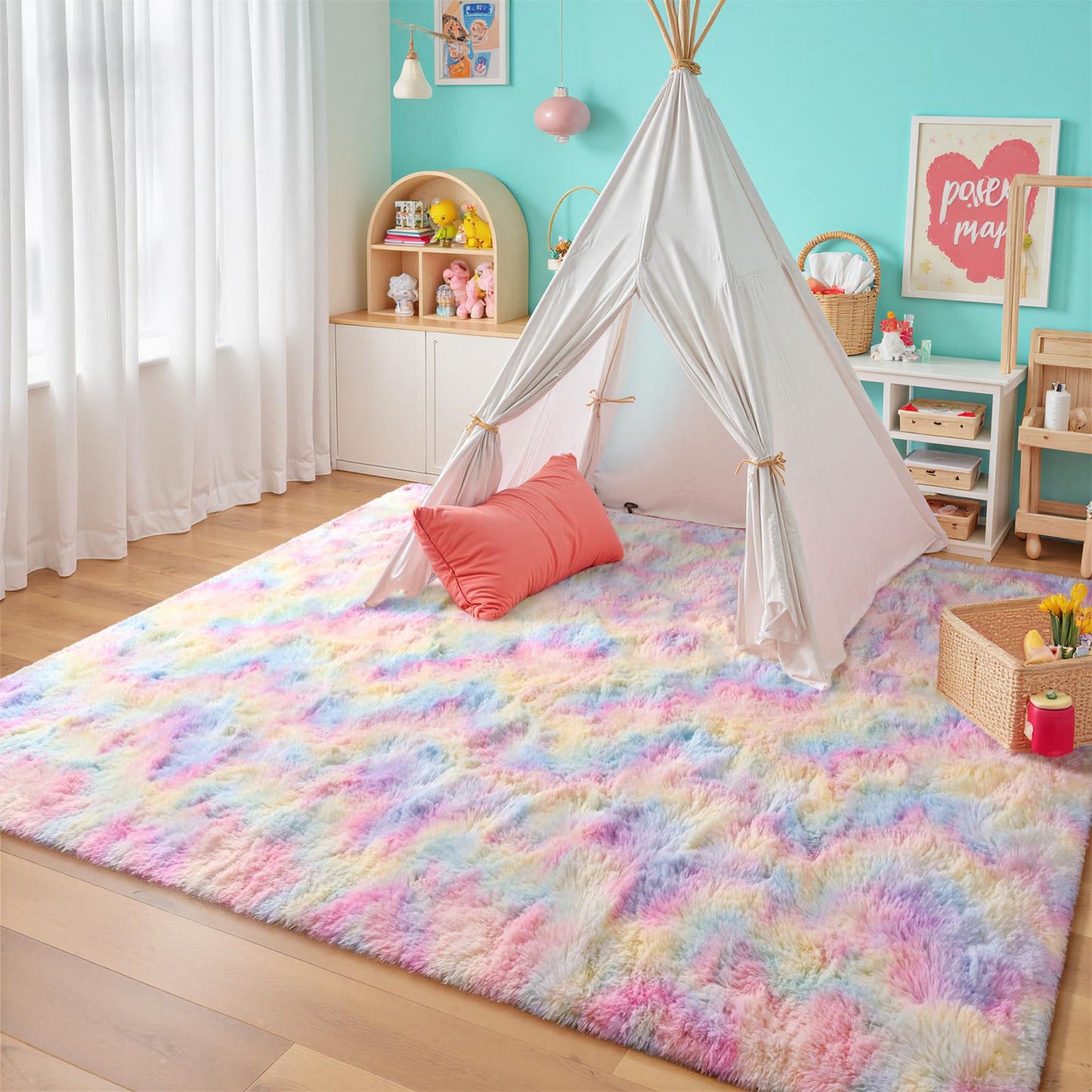 junovo 4x6 Washable Area Rug for Girls Bedroom Living Room, Tie-Dyed Rainbow Soft Non-Slip Fluffy Rugs, Shag Plush Memory Foam Carpet for Kids Room Baby Nursery Home Decor