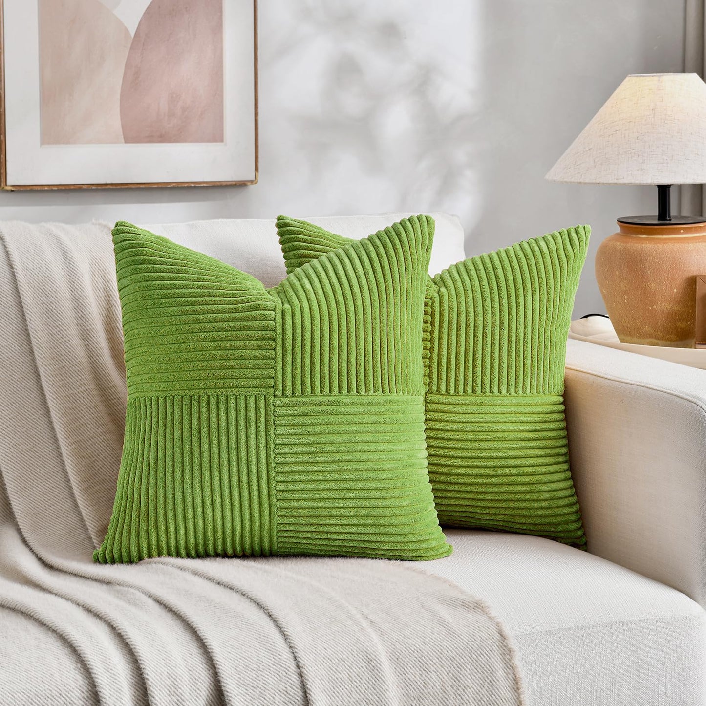 Fancy Homi Set of 2 Lime Green Decorative Throw Pillow Covers 20x20 Inch for Living Room Couch Bed Sofa, Farmhouse Boho Home Decor, Soft Cross Corduroy Patchwork Accent Square Cushion Case 50x50 cm