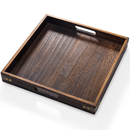 Serving Tray with Handles,12.75"*12.75"Wood Decorative Tray for Living Room,Modern Coffee Table Tray,Square Large Serving Platters for Home Decor,Ottoman,Bed,Kitchen,Bathroom, Breakfast,Bar