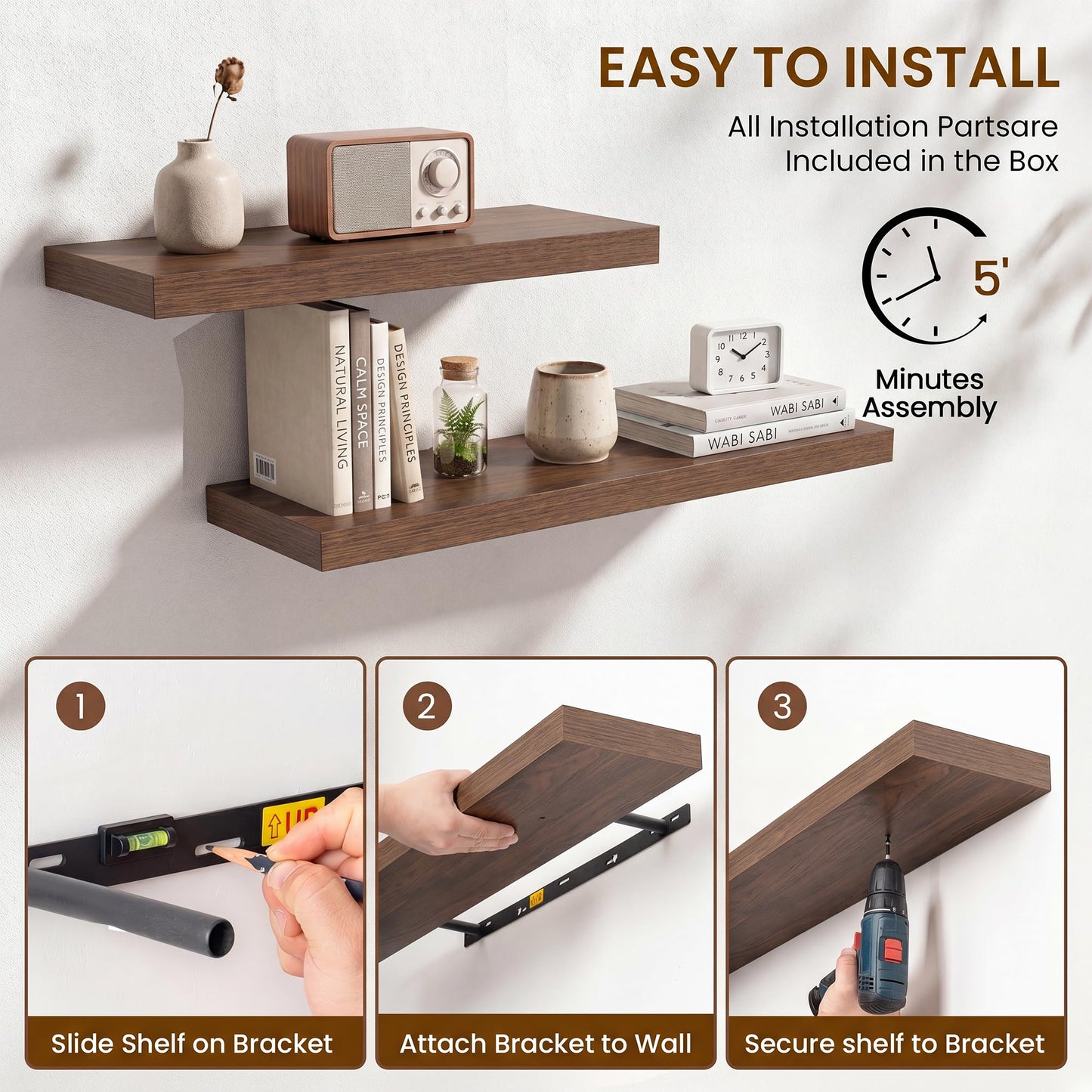 Natural Homi Floating Shelves for Wall,39.37in Wall Mounted Storage and Display for Living Room, Bedroom, Kitchen, Bathroom Set of 2 Retro Brown