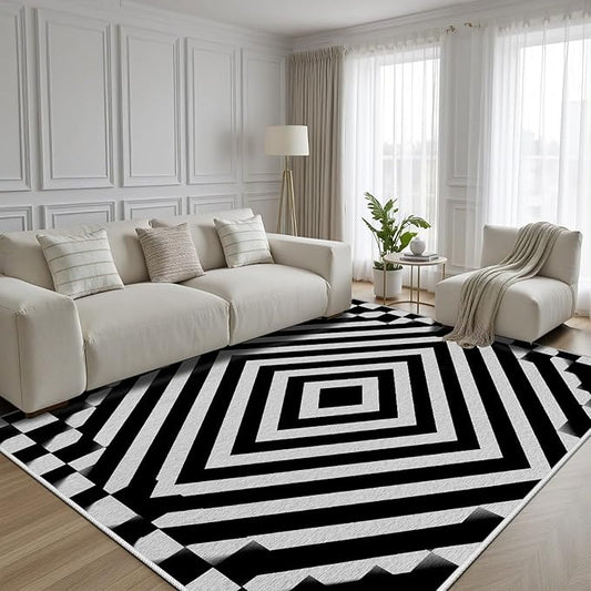 Black and White Rug 3x5, Checkered Soft Thin Indoor Floor Mats Carpet, Non-Slip Stain Resistant Washable Rugs, Modern Rhombus Geometric Rugs for Living Room, Farmhouse Rug
