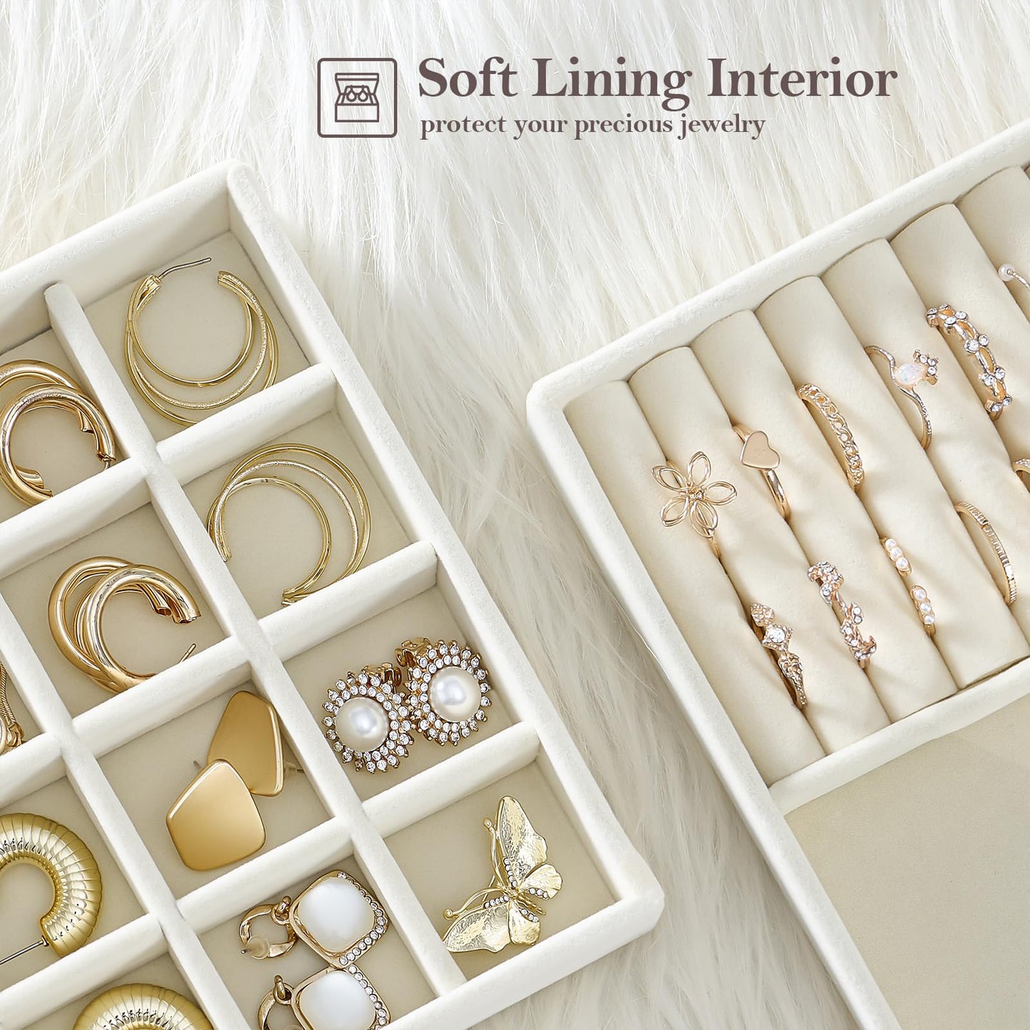ProCase Stackable Jewelry Organizer Trays for Drawers, Jewelry Drawer Inserts Container Display Case Storage for Earring Necklace Rings Bracelet with Removable Dividers -Beige, 4 Layers