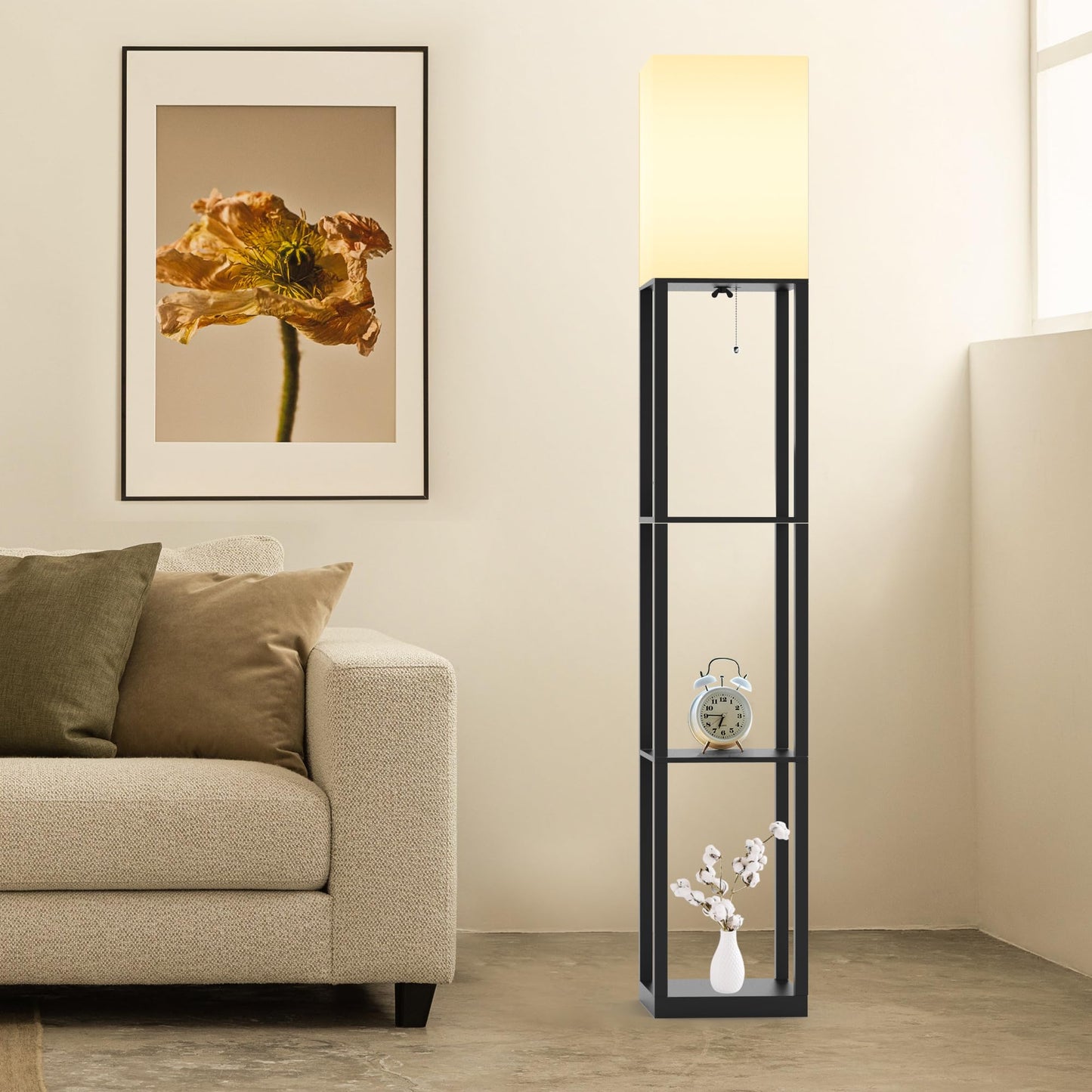 Befancy Floor Lamp with Solid Wood Shelves for Living Room, 3-Tier Shelf Standing Lamp with LED Bulb and Pull Chain Switch, Corner Display Bookshelf Lamp for Living Room and Bedroom(Black)