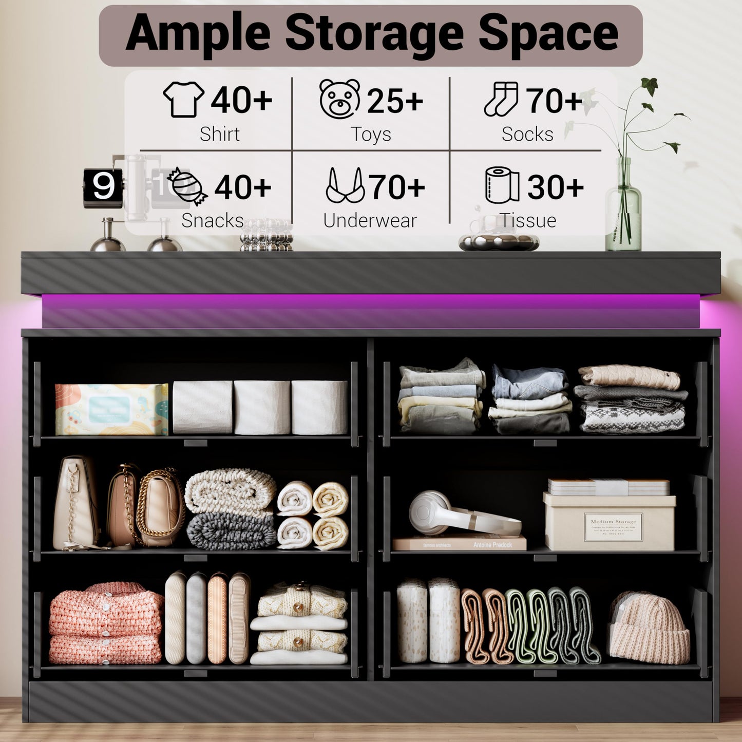 BOXACTION Dresser for Bedroom with RGB LED Lights and Charging Station, 6 Drawers Wooden Chest of Drawers, 47.2" Wide Fluted TV Stand, Closet Clothes Storage Organizer for Living Room, Hallway, Black