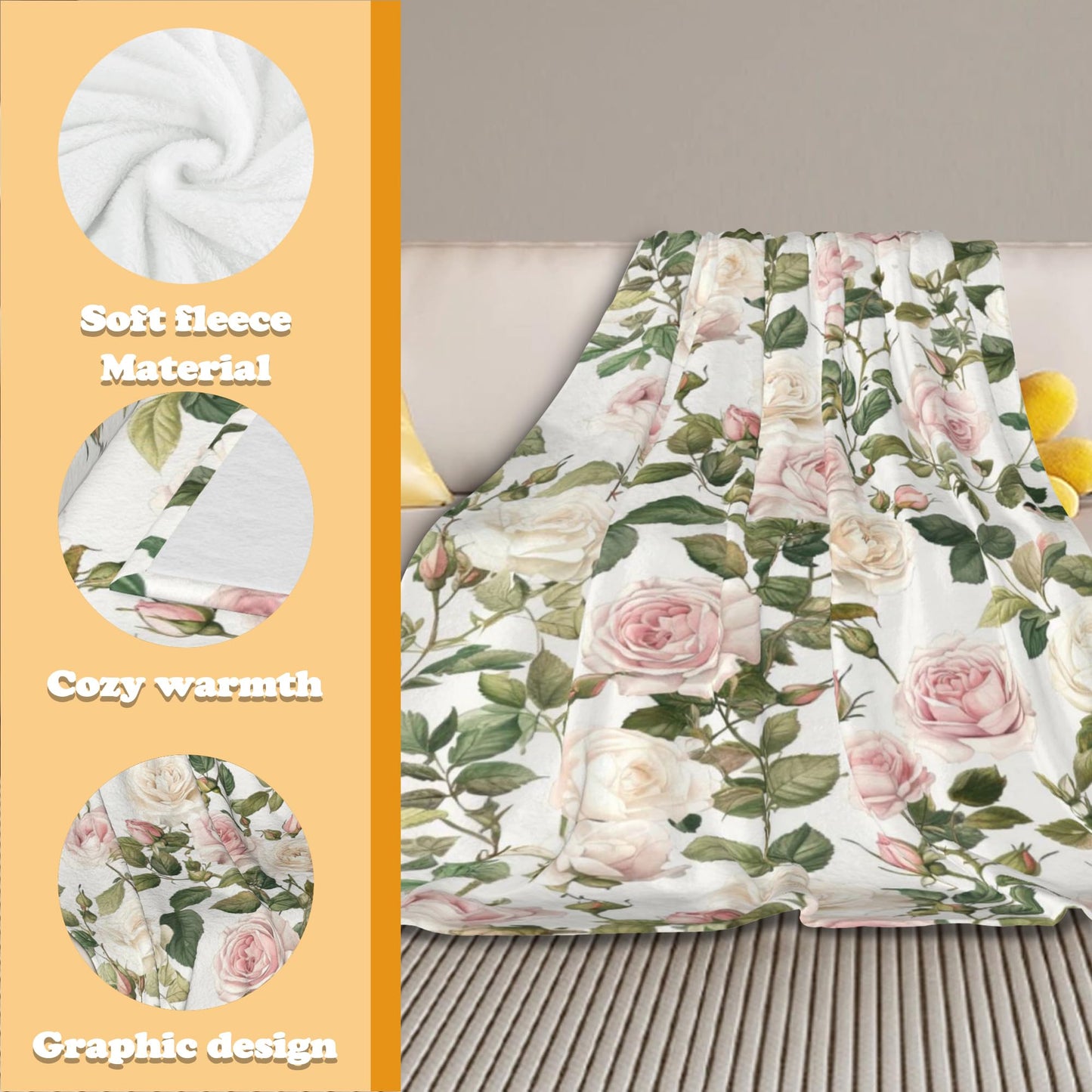 DKODKO Pink Cream Roses Throw Blanket Spring Summer Lightweight Flannel Bedding Blanket,Washable Fleece Throw Botanical Floral Blanket Cozy Blankets for Bed, Couch, Sofa, Camping,60''x 50''