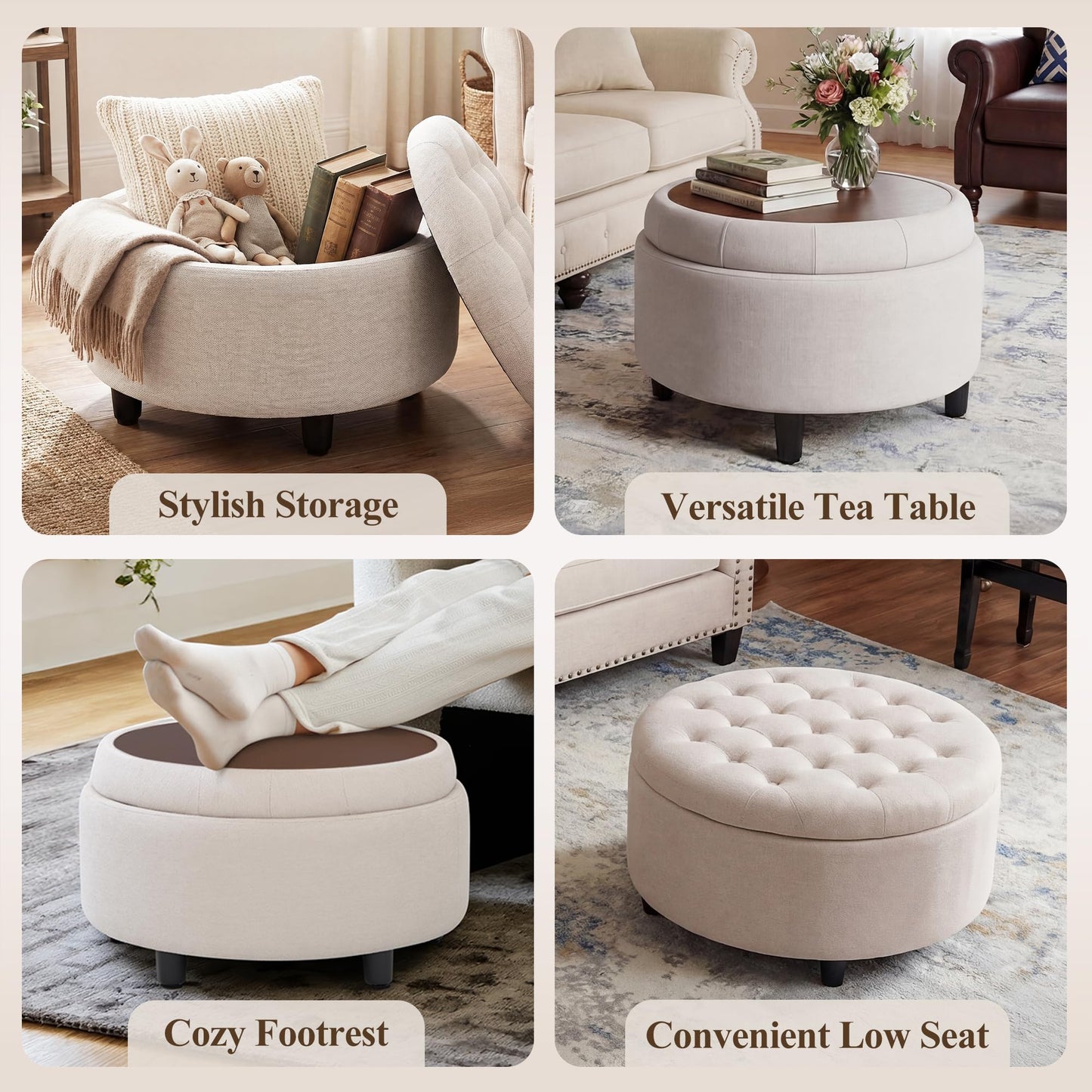 COLAMY Round Hidden Storage Ottoman with Reversible Tray Lid – Multi-Functional Footrest, Sturdy & Stylish Fabric Coffee Table for Living Room, Bedroom, or Entryway, Beige