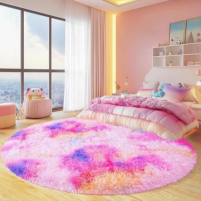 Round Fluffy Rugs 6Ft for Girls Bedroom, Dark Rainbow Shag Circle Kids Rug Non-Slip for Bedside Dorm Nursery Playroom, Soft Cute Area Rugs for Living Room Decor