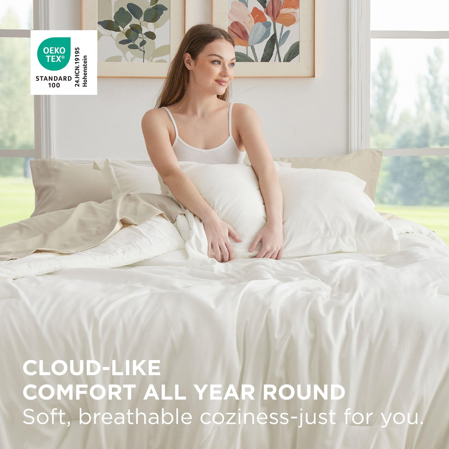 Bedsure Queen Comforter Set - 7 Pieces White Queen Bedding Set for All Seasons, Boho Contrasting Design Bed in a Bag with Comforter, Sheets, Pillowcases & Shams