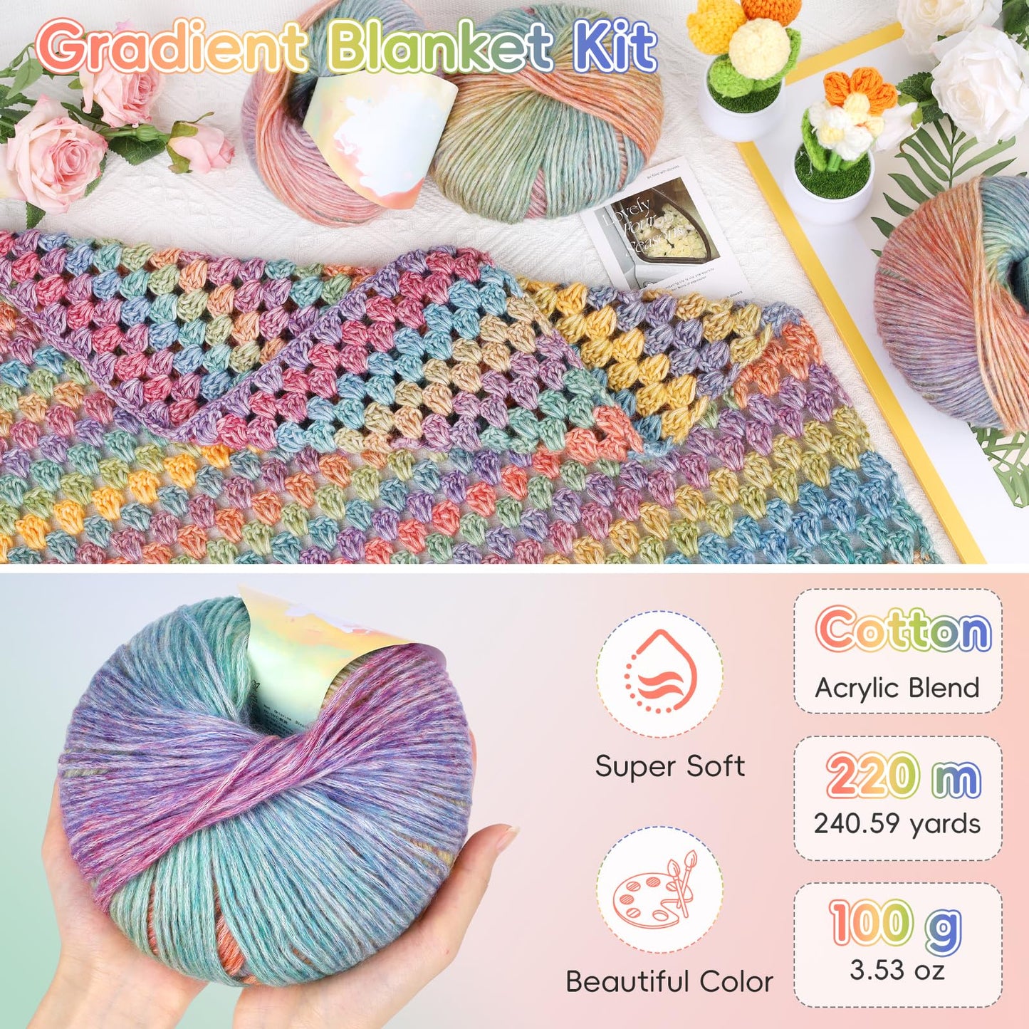 Aeelike Blanket Crochet Kit for Beginners, Super Easy Crochet Blanket Kit with Soft & Colorful Gradient Yarns Detailed Video Tutorials Crocheting Accessories, Rainbow Gradient & Ideal Gift