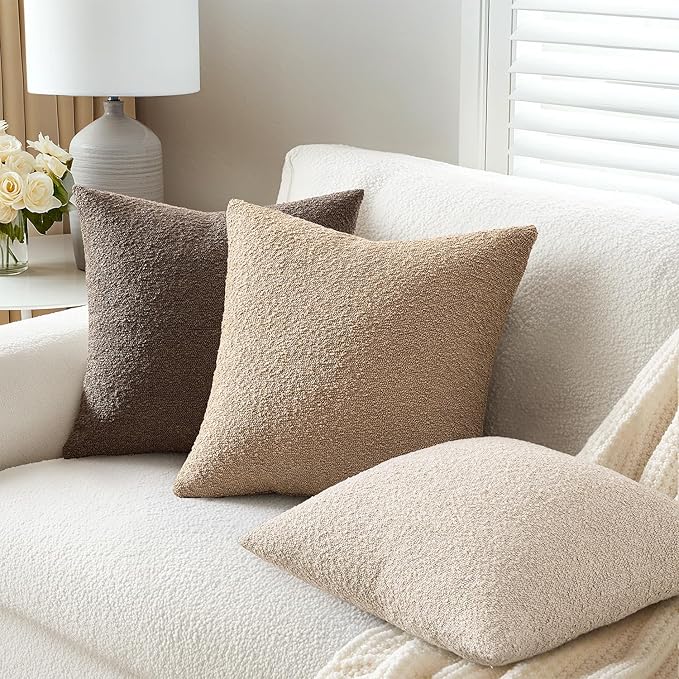 ANRODUO Pack of 2 Textured Boucle Throw Pillow Covers Soft Beige Decorative Accent Solid Pillow Cases Cozy Modern Couch Cushion Case for Chair Sofa Bedroom Living Room Spring Home Decor, 18 x 18 Inch