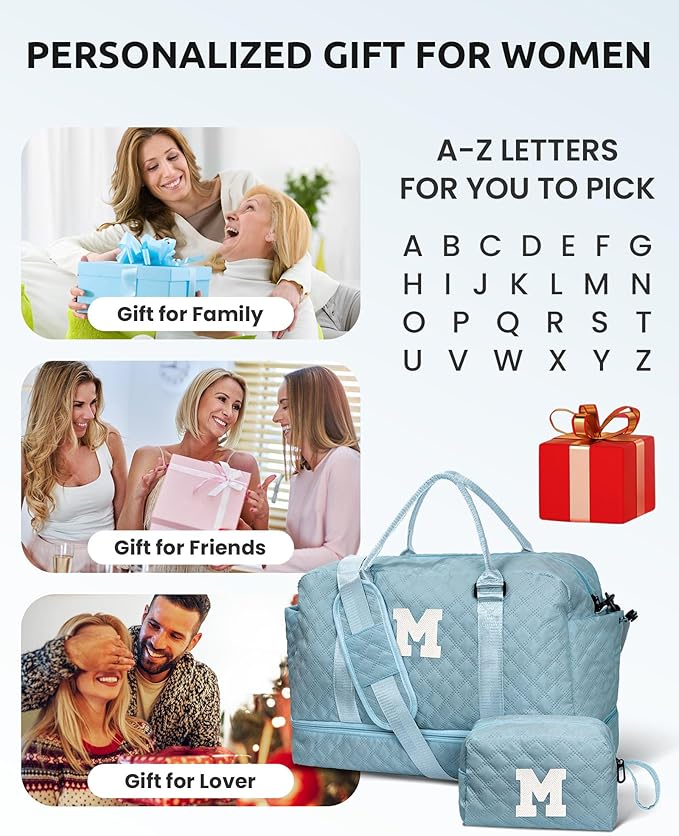 Vogewood Birthday Gifts for Women-Initial Duffle Bag, Personalized Monogram Overnight, letter Travel Bag with Shoe Compartment and Makeup Bag