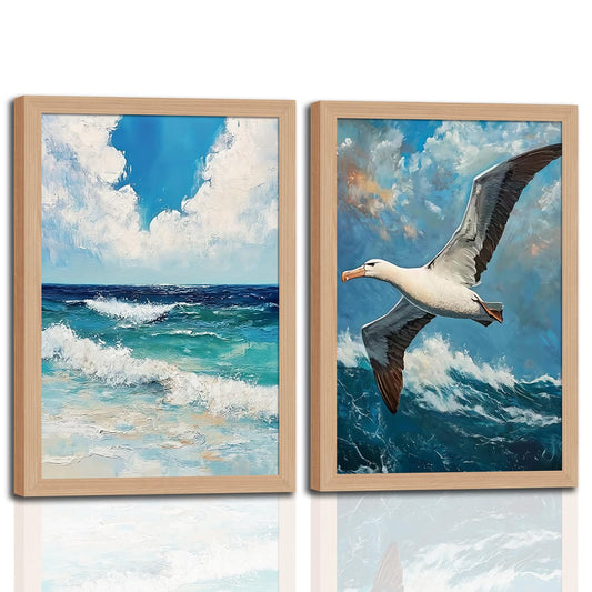 2Pcs Wood Framed Vintage Seascape Wall Art Coast Beach Seagulls Flying Over Waves Poster Canvas Print Modern Seaside Picture Home Decor Painting for Living Room Bedroom Bathroom12x16in
