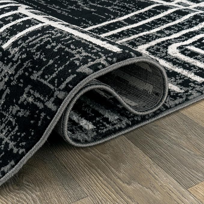 Rugshop Black and White Geometric Area Rug – Abstract Curved Line and Square Pattern Carpet for Living Room, Bedroom, or Office – Contemporary Soft Floor Décor 5' x 7' Black