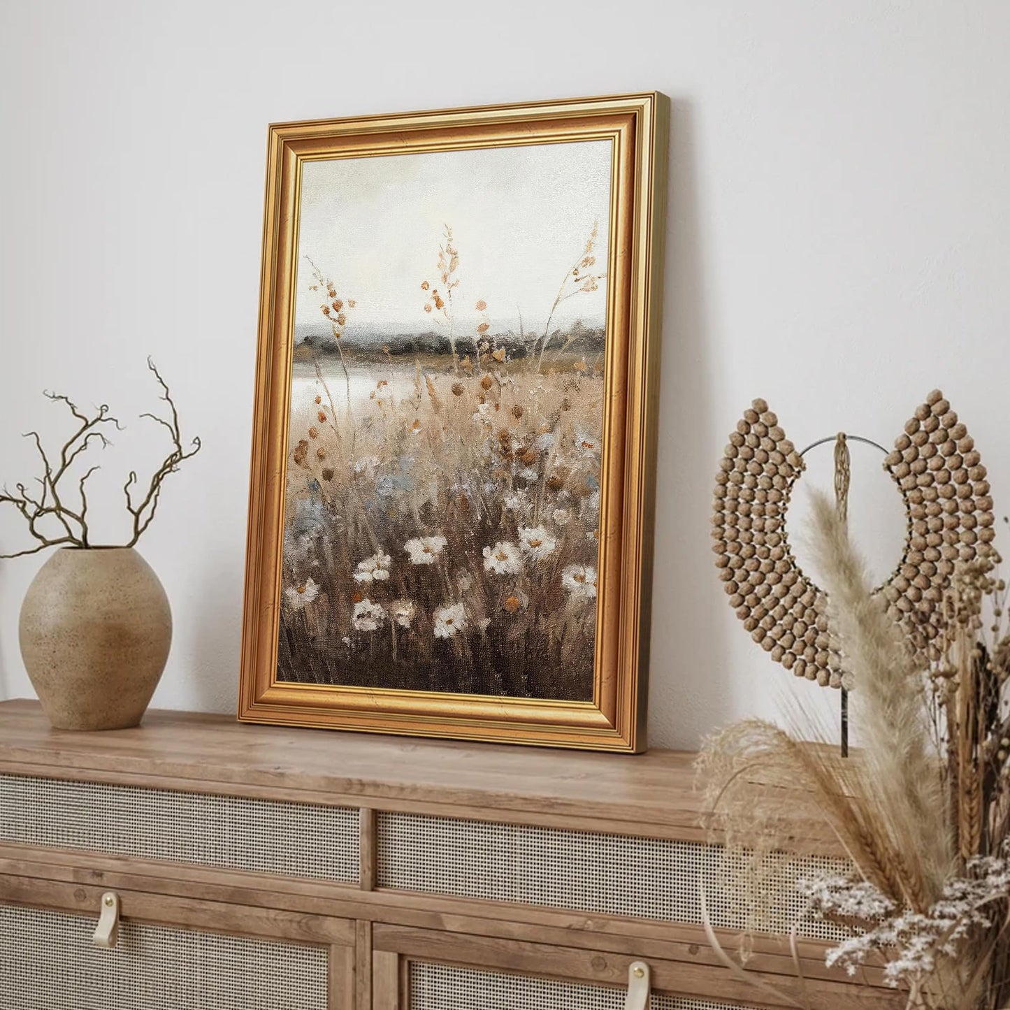 EJPFOGV Vintage Wildflower Meadow Landscape Framed Canvas Wall Art 16x24 in