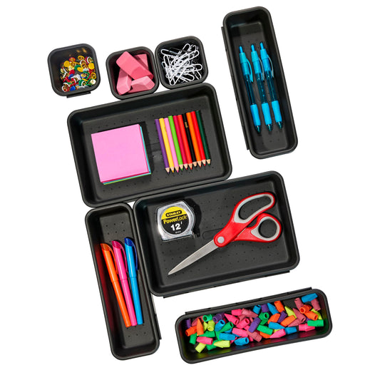 Madesmart 8-Piece Interlocking Bin Pack for Drawer Organization, Plastic Interlocking Junk Drawer Organizer Tray, Granite