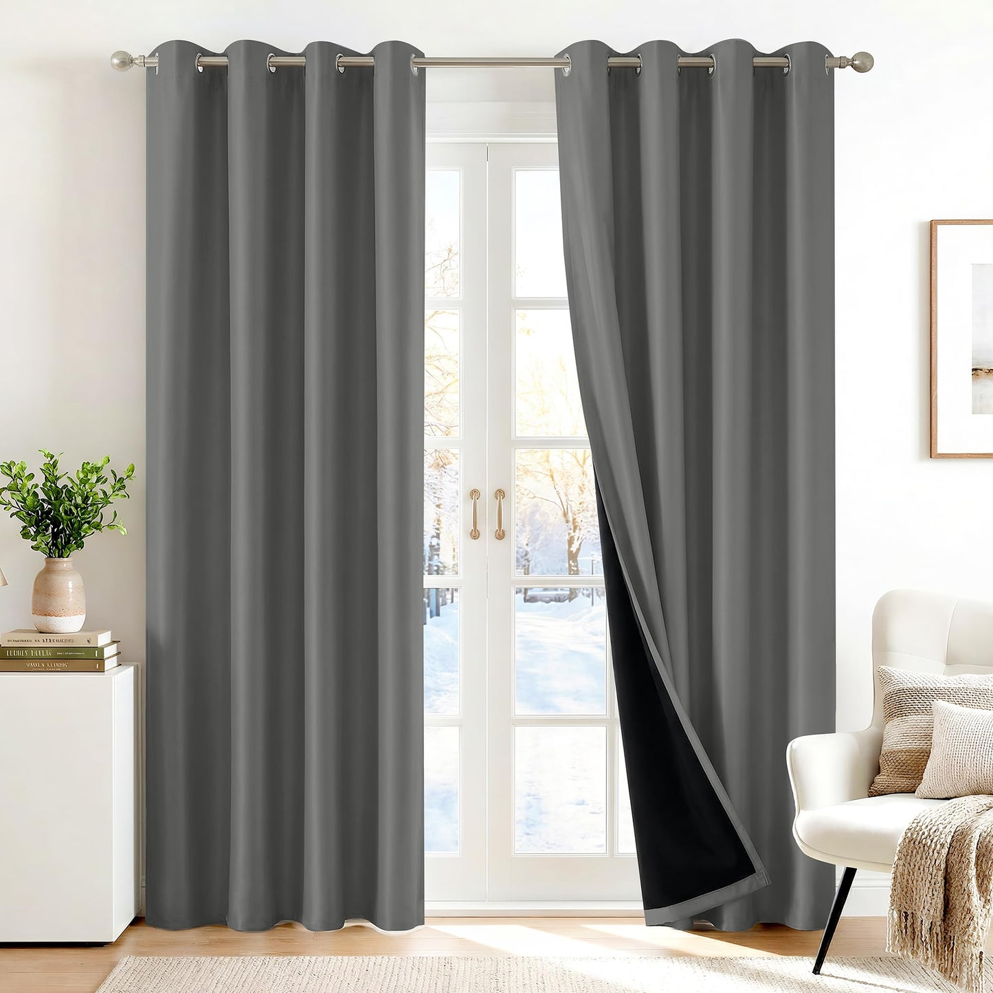 Deconovo 100% Blackout Curtains, Thermal Insulated Window Drapes, Noise Reducing Panels, Black Liner Grommet Drapes, Bedroom Nursery Home Office, Dark Grey, 52W x 84L, 2 Panels