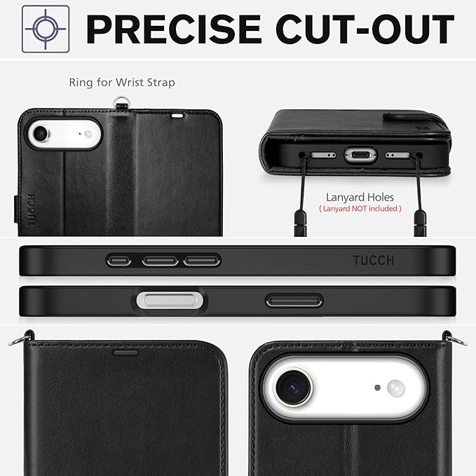 TUCCH Wallet Case for iPhone Air (6.5") 2025, Wrist Strap RFID Blocking 4 Card Slots, Kickstand, Shockproof TPU Shell, PU Leather, Magnetic Closure, Protective Flip Folio Cover, Black