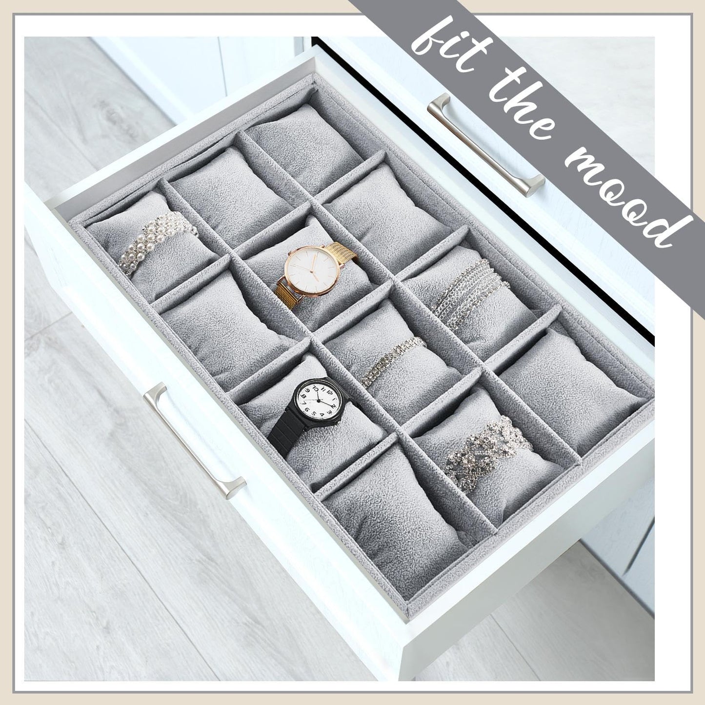 Henoyso 2 Pieces 12 Grid Velvet Watch Tray Jewelry Organizer Stackable Watch Bracelet Bangle Display Holder Adjustable Pillow (Gray)
