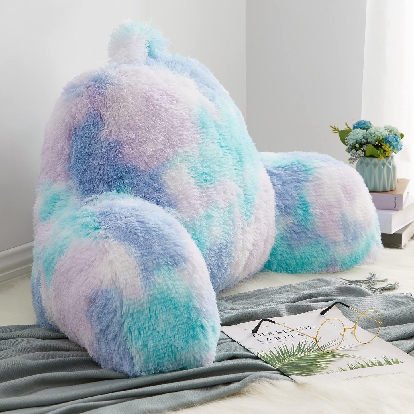 Bedriping Reading Pillow for Bed Adult - Faux Fur Backrest Pillow with Arms, Ergonomic Back Rest Pillow for Sitting Up in Bed, Extra Fluffy Sit Up Pillow, Students, Teens, Kids Study Pillow, Xmas Gift