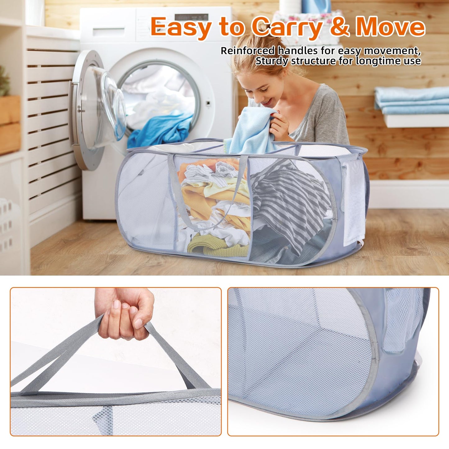 Durable Collapsible Foldable Pop Up Laundry Hamper, Sturdy 3 Compartments, Handy Pocket & Easy to Sort Clothes Hampers for Dorm, Kids Room, Travel - Grey