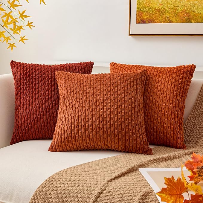 Kevin Textile Fall Pack of 2 Corduroy Decorative Throw Pillow Covers 16x16 Inch Soft Boho Striped Pillow Covers Modern Farmhouse Home Decor for Sofa Living Room Couch Bed Rust