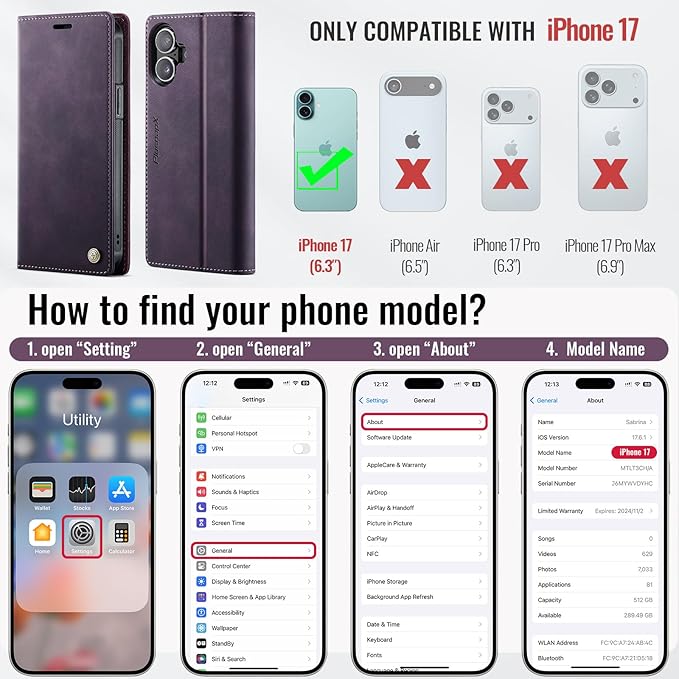 PlusnapX Wallet Case for iPhone 17 Compatible with Magsafe, 2-in-1 PU Leather Flip RFID Blocking Card Holder Stand Shockproof Magnetic Detachable Cover for iPhone 17 Case 6.3", Retro Purple