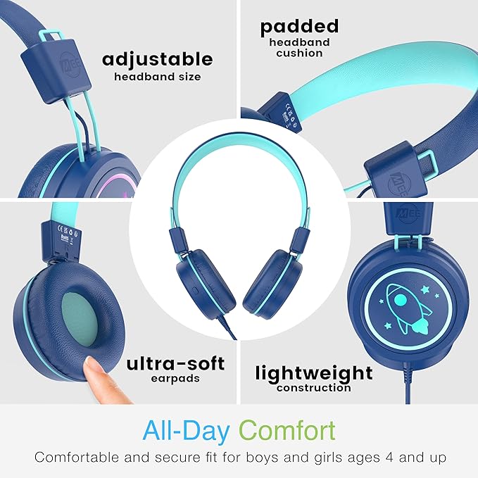 MEE audio KidJamz KJ55 Personalized USB-C Safe Listening Wired Headphones for Kids with Custom LED-Backlit Design, Volume Limiter, & Microphone for iPhone 15, iPad, & USB Type C Devices (Blue)