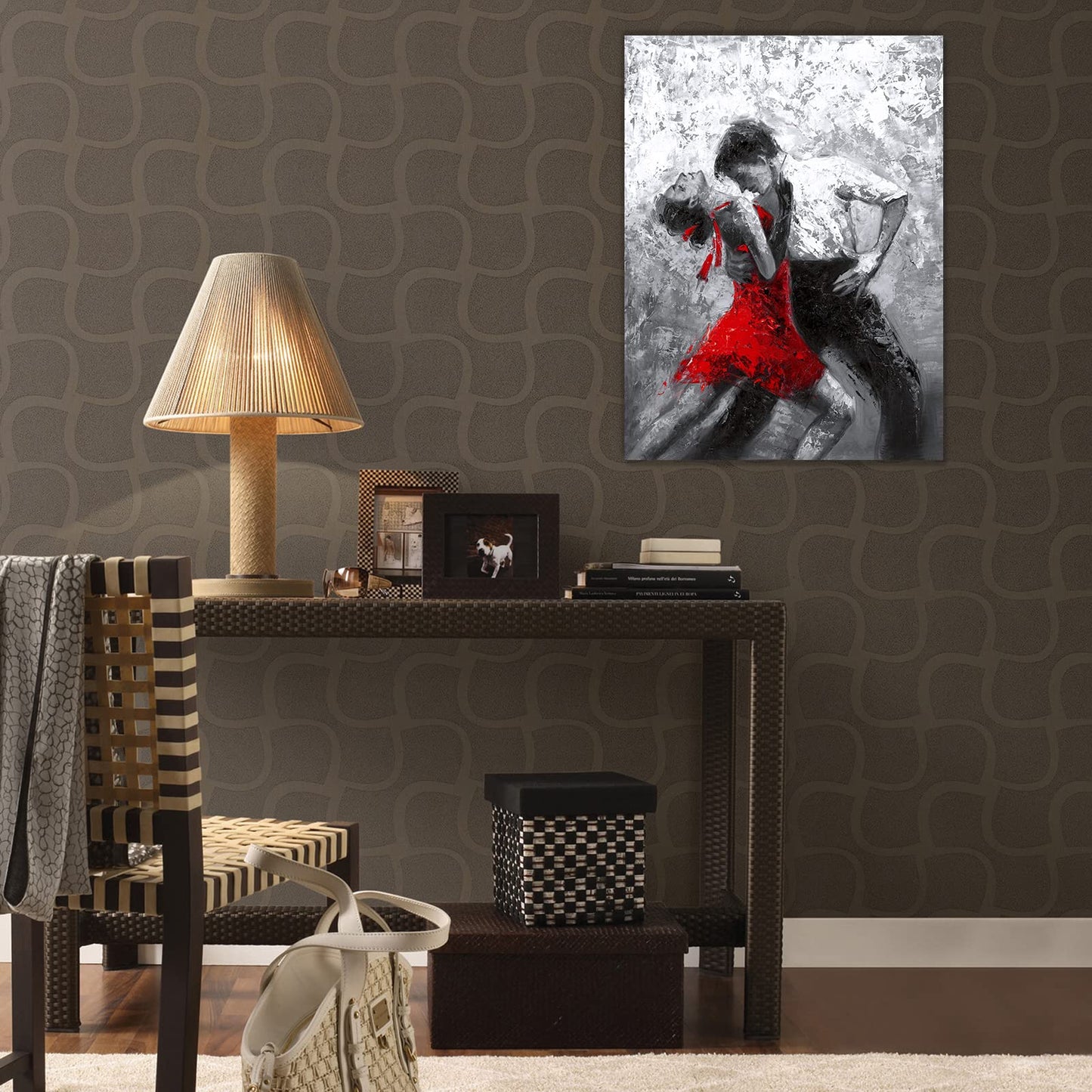Black and White Wall Art Tango Dancer in Red Black Dancing Suits Painting Prints on Canvas with Frame for Bedroom Decor (12Wx16L, Tango 2)