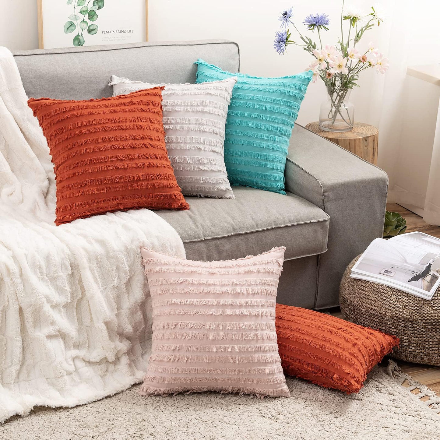 MIULEE Set of 2 Decorative Boho Throw Pillow Covers Linen Striped Jacquard Pattern Summer Cushion Covers for Sofa Couch Living Room Bedroom 20x20 Inch Light Blue