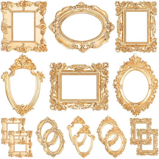 Yalikop 15 Pcs 4.9 x 4 Small Vintage Gold Frames for Craft DIY Decoration, Mini Ornate Resin Photo Frames Bulk for Refrigerator Wedding Christmas Jewelry Display Photo Holiday Party Invitation