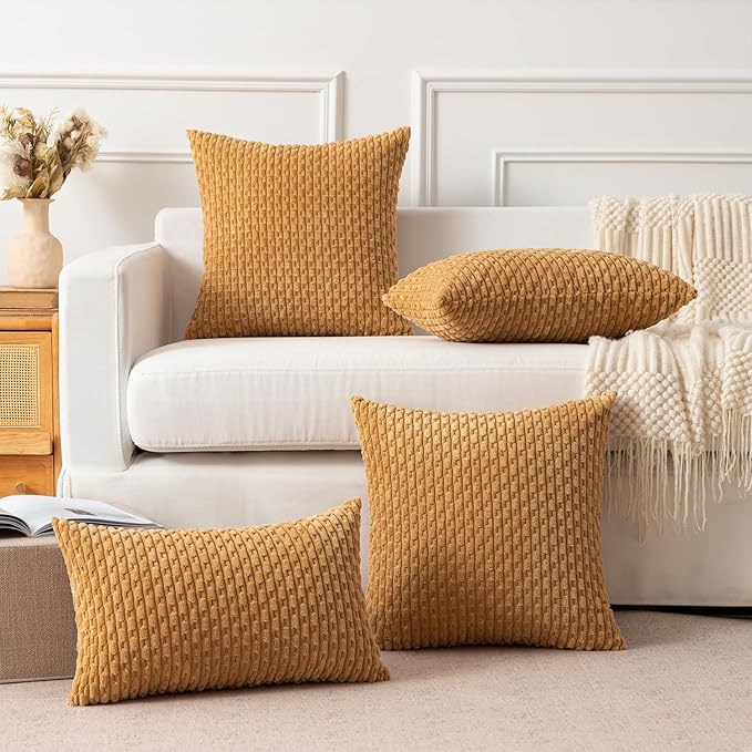 Kevin Textile Throw Pillow Covers Soft Corduroy Decorative Set of 2 Boho Striped Pillow Covers Pillowcases Farmhouse Home Decor for Couch Bed Sofa Living Room 24x24 Inch Gold