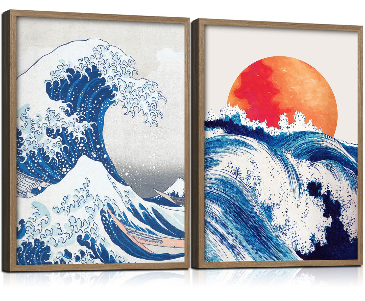 2Pcs Framed Canvas Wall Art Japanese Wave and Red Sun Poster Prints Hokusai Inspired Ocean Picture Traditional Ukiyo-e Gallery Decor Living Room Bedroom Office Apartment 16X24 Inch Ready to Hang