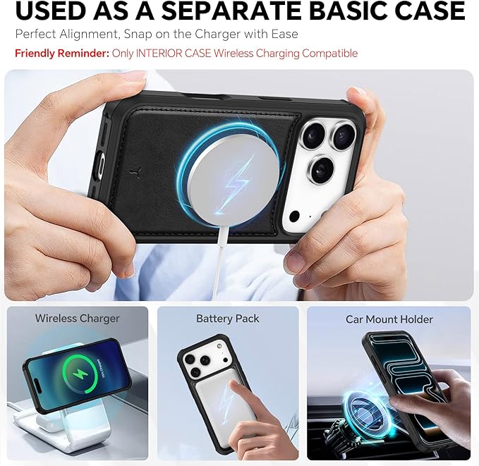 TUCCH 2-in-1 Detachable Wallet Case for iPhone 17 Pro (6.3-inch) 2025, Wireless Charging | RFID Blocking 4 Card Holder | Wrist Strap | Kickstand | Magnetic | PU Leather | Protective Flip Cover | Black