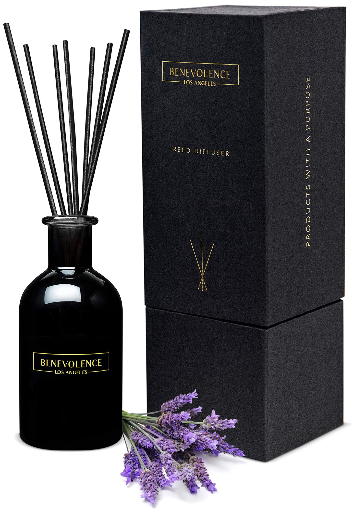 Benevolence LA Premium Lavender & Eucalyptus Reed Diffuser Set – Essential Oil Diffuser for Home & Bathroom – Up to 120-Day Fragrance with Rattan Sticks & Gift Box – Charcoal Glass Room Décor