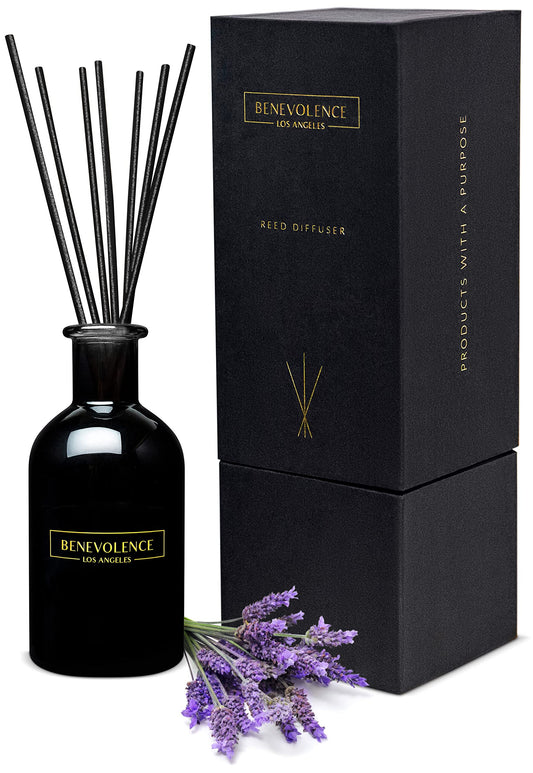 Benevolence LA Premium Lavender & Eucalyptus Reed Diffuser Set – Essential Oil Diffuser for Home & Bathroom – Up to 120-Day Fragrance with Rattan Sticks & Gift Box – Charcoal Glass Room Décor