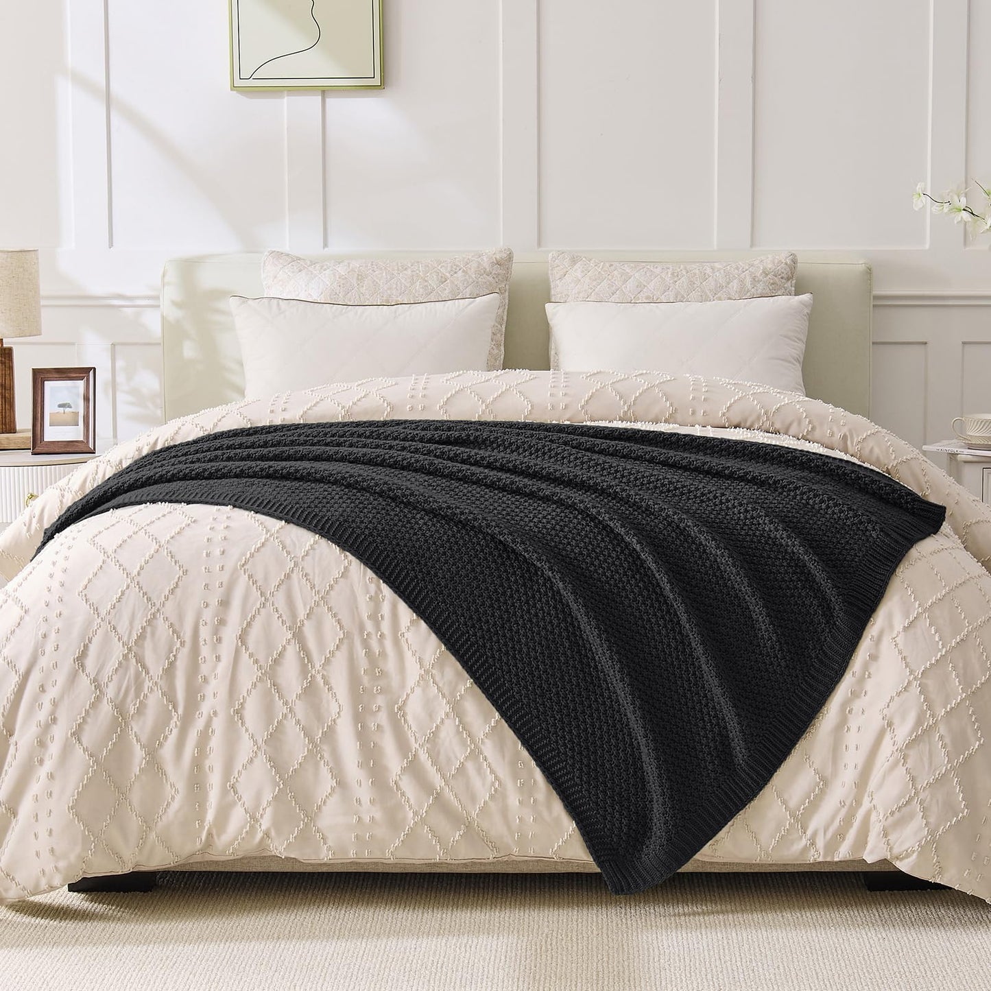 OnesCosy Charcoal Grey Throw Blanket, Dark Grey Knit Throw Blanket for Couch, Soft Cozy Warm Lightweight Decorative Reversible Moss Stitch Cable Knitted Blankets for Bed, 60x80 Inches, Charcoal Grey