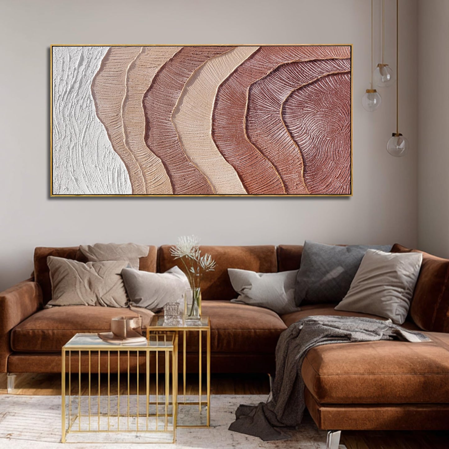 Framed Abstract Wall Art, Hand-Painted Beige Brown Textured Oil Painting on Canvas, Modern Neutral Wall Decor for Living Room Bedroom Office, 29x58 Inch